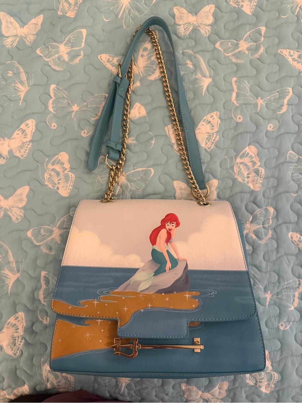 Loungefly Blue Ariel Graphic Shoulder Bag with Gold Accents